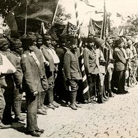 Caption: It May be Turned to Mourning for its Loss. Our picture shows a group of the wounded lately from the Dardanelles, Ottoman Empire (Turkey) at the festivities, ca. 1914-1918. (World War I)